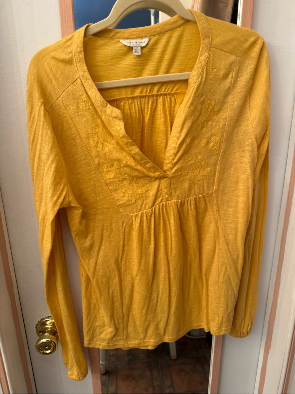 Lucky Brand Yellow Embroidered V-Neck Long Sleeve Tunic